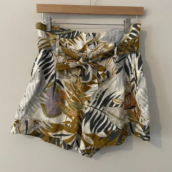 Cynthia Rowley 100% Linen Paperbag Floral Leaf Shorts Sz M Resort Tropical Boho - Picture 1 of 11